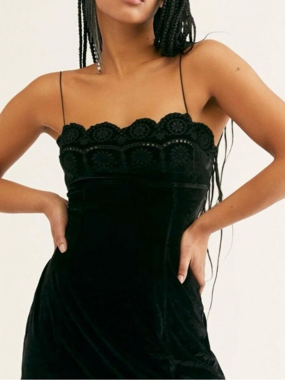 Free People Black Velvet Lace-Trim Slip
